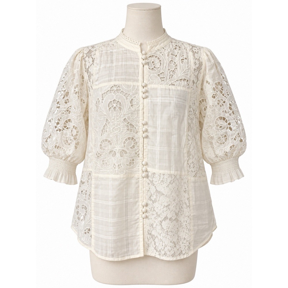 Sundance Top Womens L White Lace Embroidered Tunic 3/4 Puff Sleeve Boho Blouse